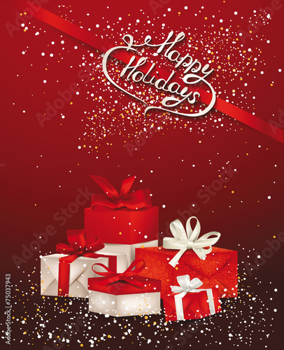 Elegant red holiday background with gift boxes and  bows