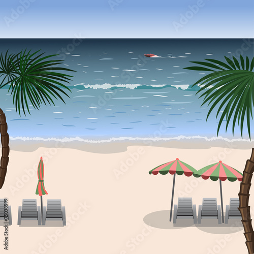 Landscape of a beach with white sand, sea, umbrellas, loungers