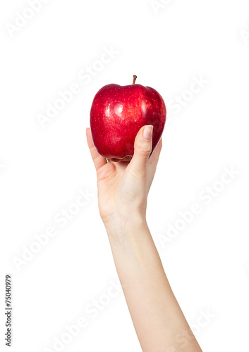 Woman's hand holding a red apple on white background