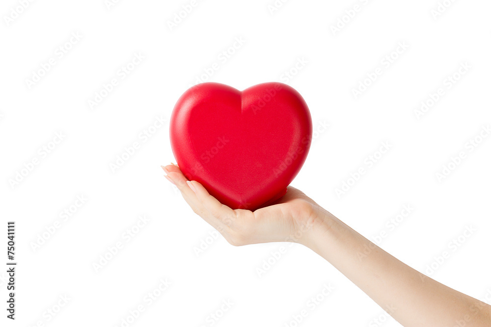 Red heart in woman hand, on white background close-up Red heart in woman hand, on white background close-up