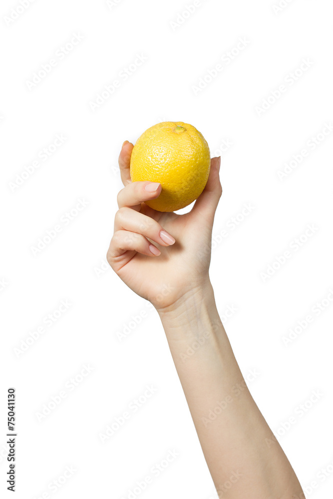 Women's hand with lemon isolated on white background Women's hand with lemon isolated on white background