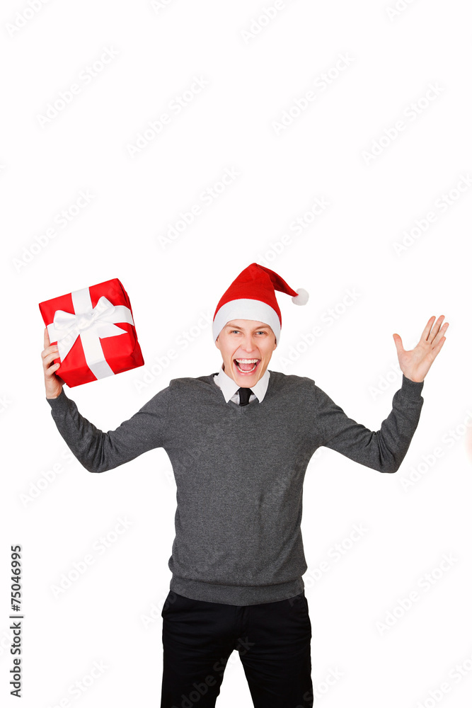 man excited happy smile hold gift box in hand.