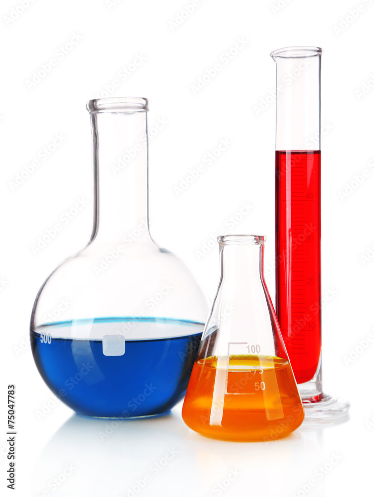Test-tube and flasks with colorful fluid isolated on white Test-tube and flasks with colorful fluid isolated on white