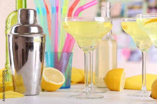 Glasses of fruit cocktails in party close-up