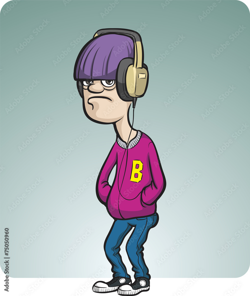 cartoon gloomy teenager with headphones