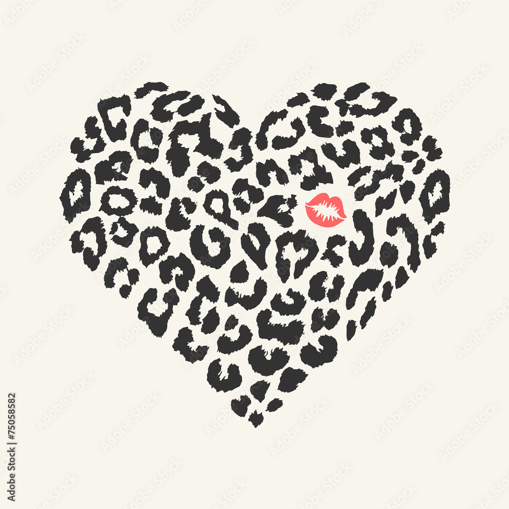 Vector heart shape - Leopard texture with kiss print