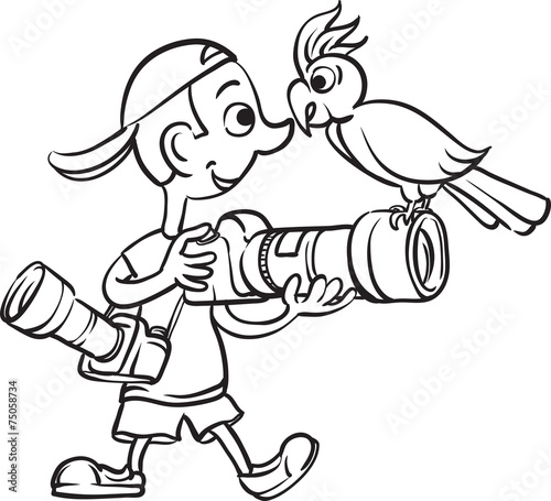 whiteboard drawing - funny photographer and curious parrot