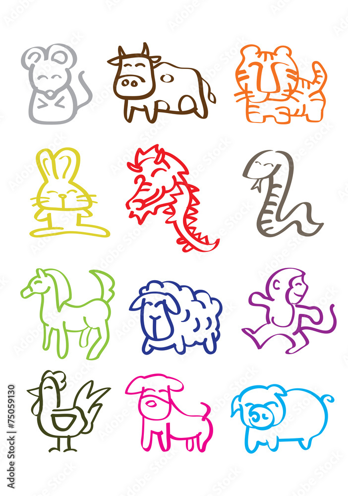 Colorful Minimalist Doodles of Chinese Zodiac Animals Stock Vector | Adobe  Stock