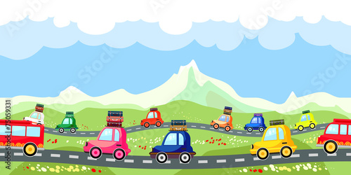 Rural road with a line of tourist traffic