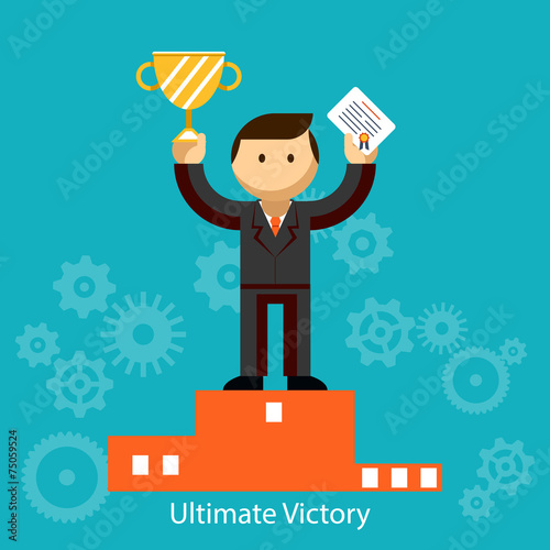 Businessman winner with certificate and trophy