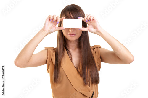 Young beautiful woman holding a business card