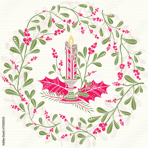 Christmas mistletoe wreath with candle