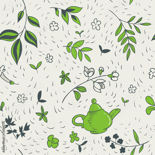 vector seamless pattern with teapot and floral elements