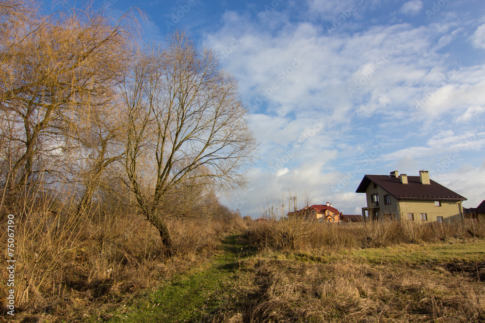 village, fields and sky