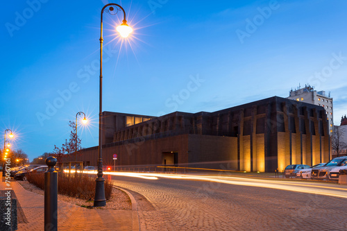 The Shakespeare Theatre building at dusk in Gdansk, Poland