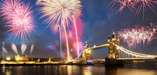 Tower bridge with firework, celebration of the New Year in Londo photo