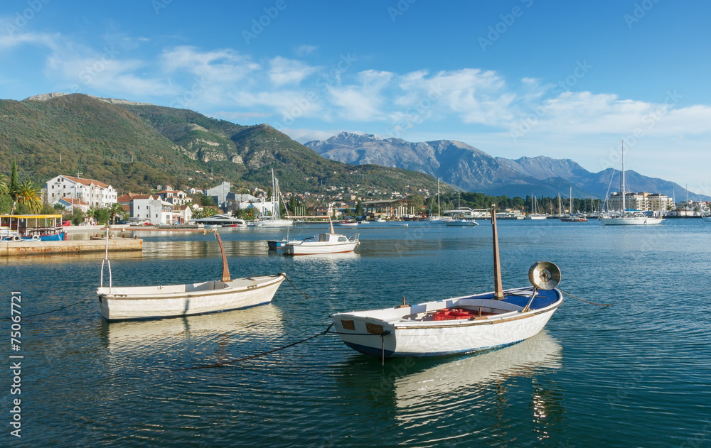 Boats in Bay of Kotor. Tivat city, Montenegro