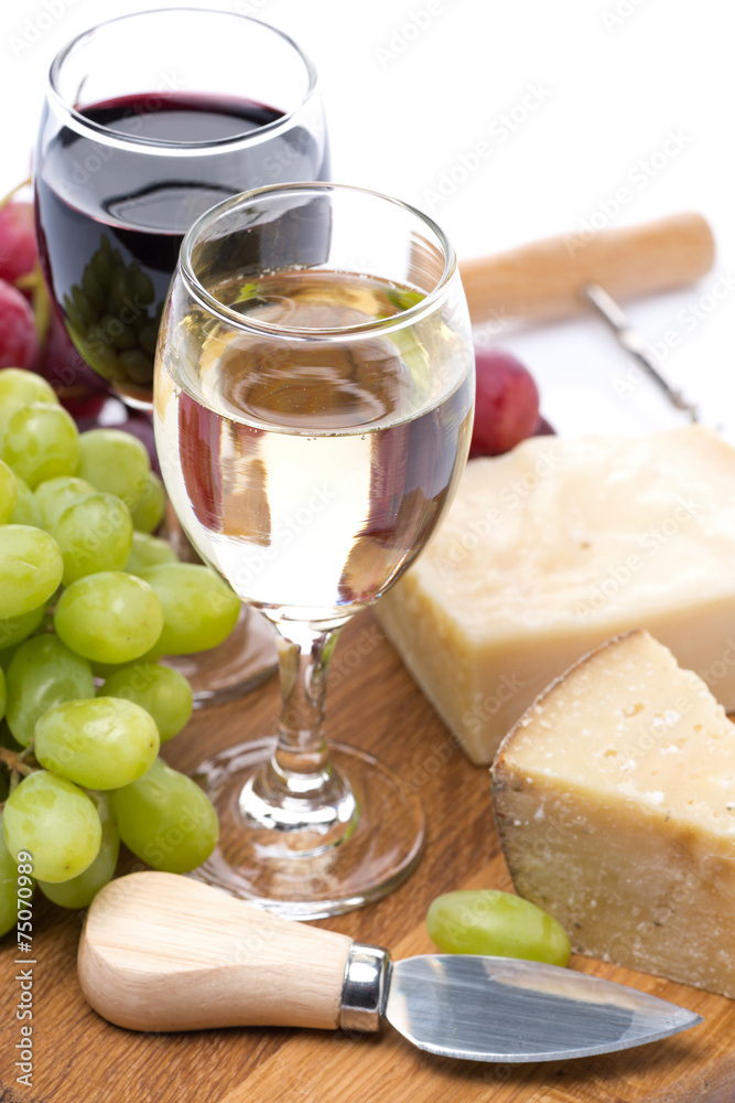 grapes, hard cheese and two glasses of wine