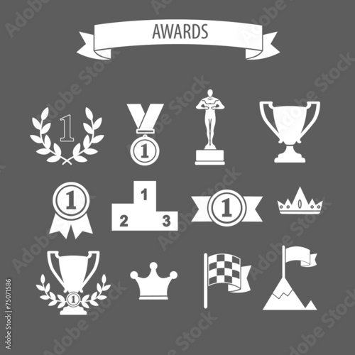 set of white vector award success and victory icons with trophie