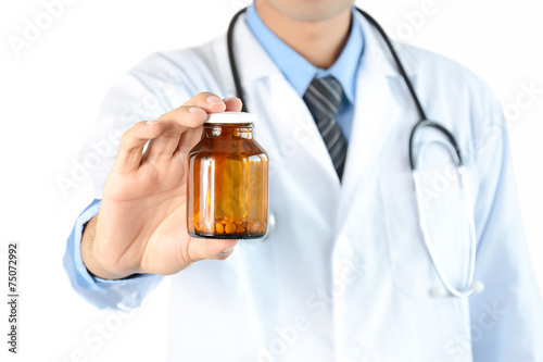 Doctor showing drug or medicine  bottle