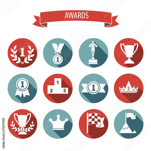 set of white vector award success and victory flat icons on colo