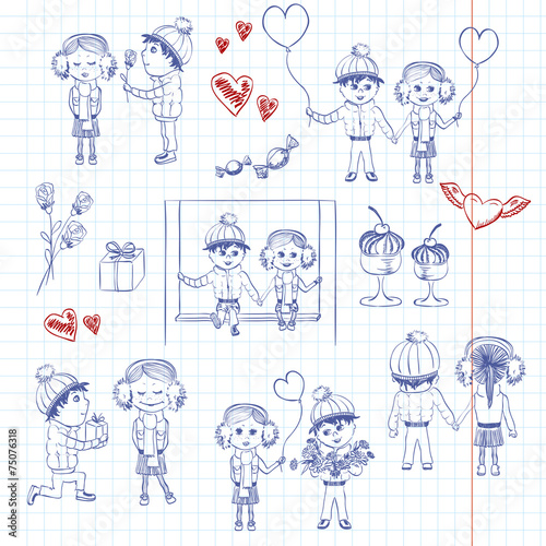 Valentine boy and girl in love, set of romantic pictures