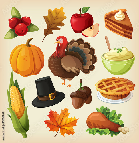 Set of colorful cartoon icons for thanksgiving day.