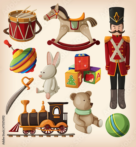 Set of colorful vintage christmas toys for kids.