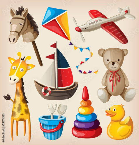 Set of colorful vintage toys for kids.