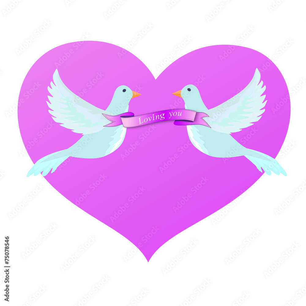 Love Doves on a Purple Heart with Ribbon