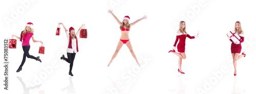 Composite image of festive blonde carrying gift bags