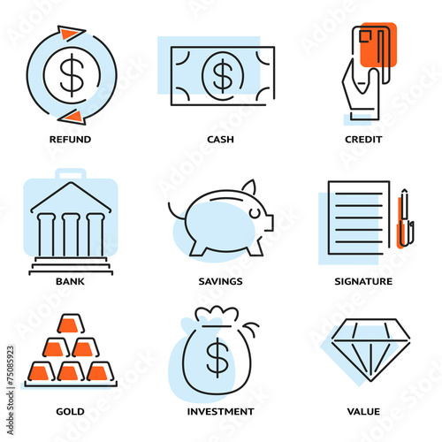 Set of money and value flat line vector icons