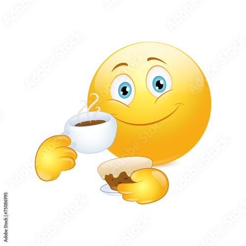 Emoticon drinking coffee with cake