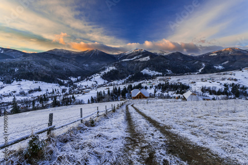 Fantastic winter landscape. Dramatic overcast sky.