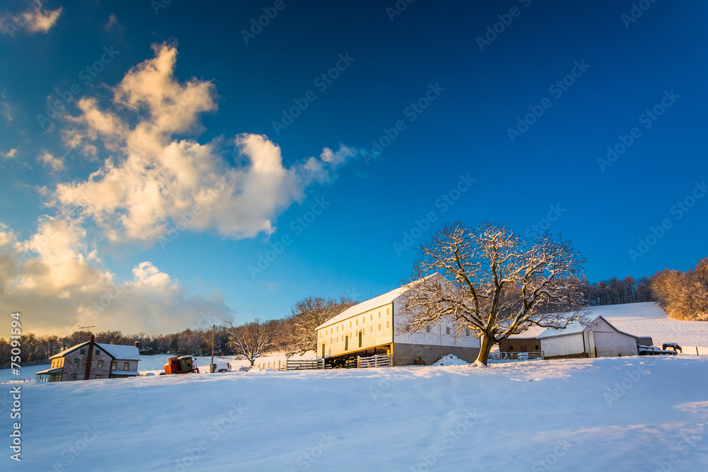 Snow on a farm in rural York County, Pennsylvania.