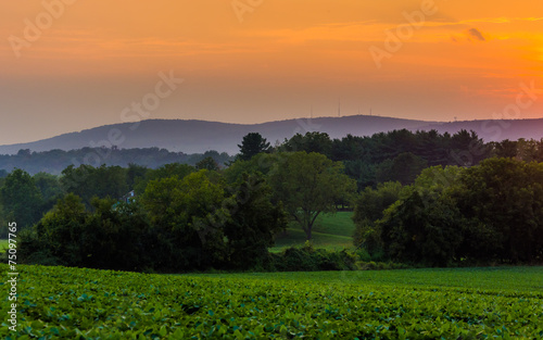 Sunset over farm fields and the Piegon Hills, near Spring Grove,