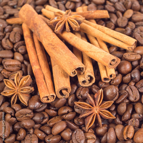 Lots of coffee beans. Three anise stars, lots of sticks of cinna