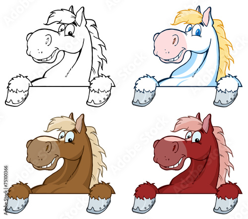 Horse Mascot Cartoon Head Over Sign. Collection Set