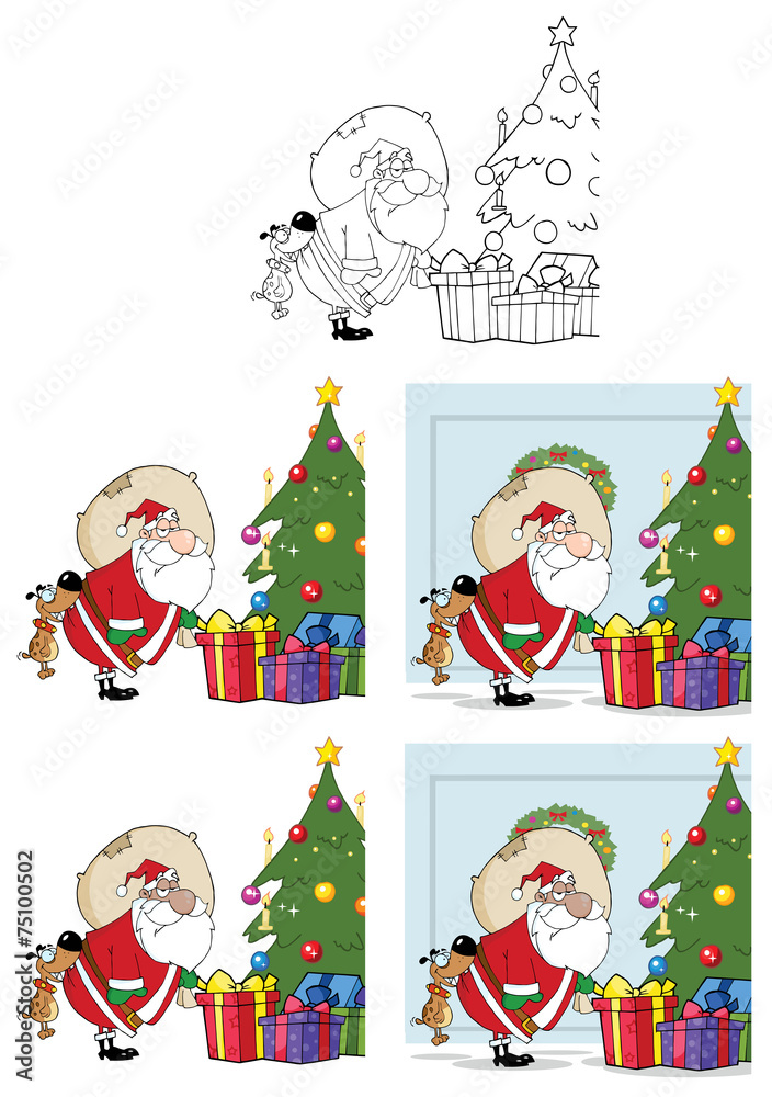 Dog Biting A Santas Butt By A Christmas Tree. Collection Set