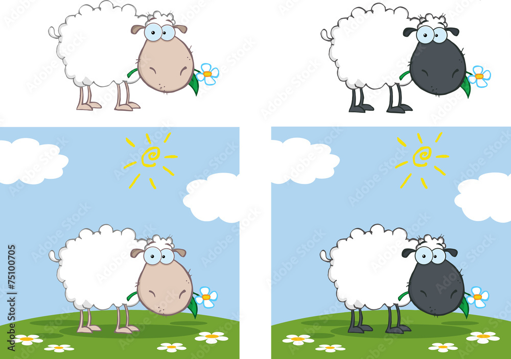 White And Black Sheep Character Eating A Flower. Collection Set White And Black Sheep Character Eating A Flower. Collection Set