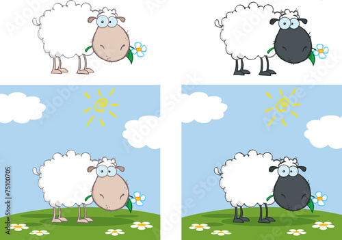 White And Black Sheep Character Eating A Flower. Collection Set