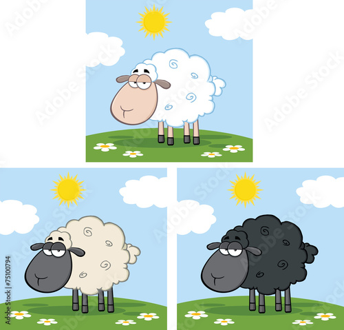 Cute Sheep On A Meadow. Collection Set