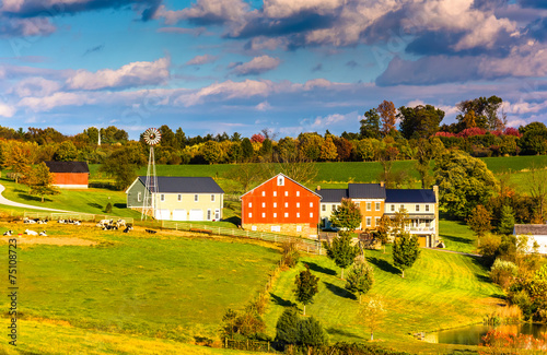 View of barn and houses on a farm in rural York County, Pennsylv photo