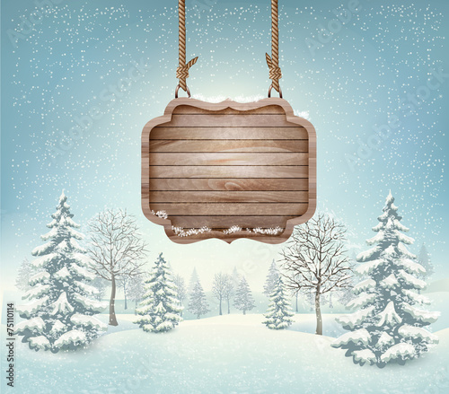 Winter landscape with a wooden ornate Merry christmas sign. Vect