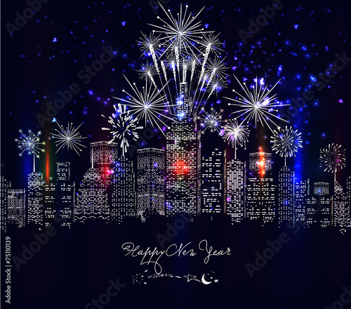 happy new year city colourful with fireworks