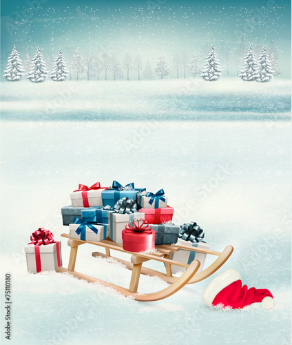 Christmas background with presents on a sleigh. Vector.
