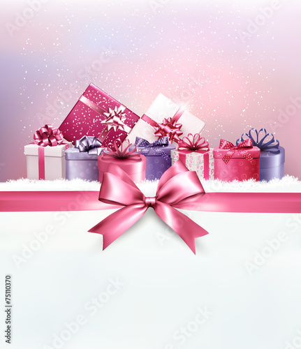 Merry Christmas card with a ribbon and gift boxes. Vector.