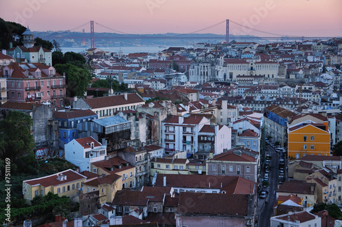 Aerial view of Lisbon at sunset. Viewpoint Miradoura Da Graca