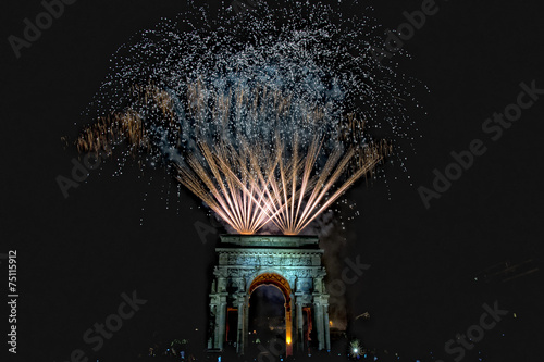 Canvas Print Happy new year and merry xmas fireworks on triumph arc