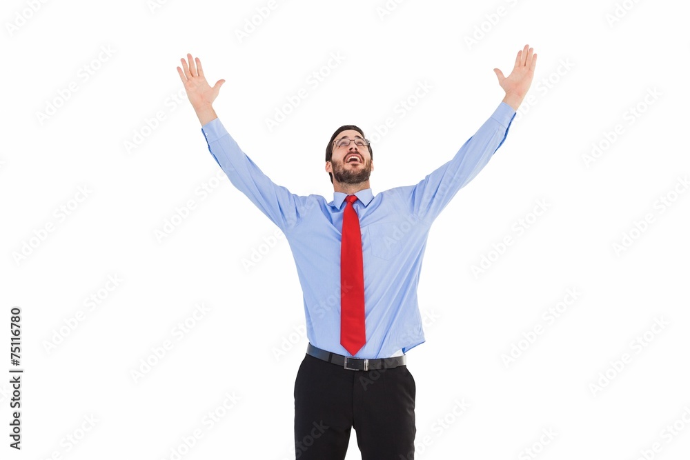 Happy cheering businessman raising his arms Happy cheering businessman raising his arms